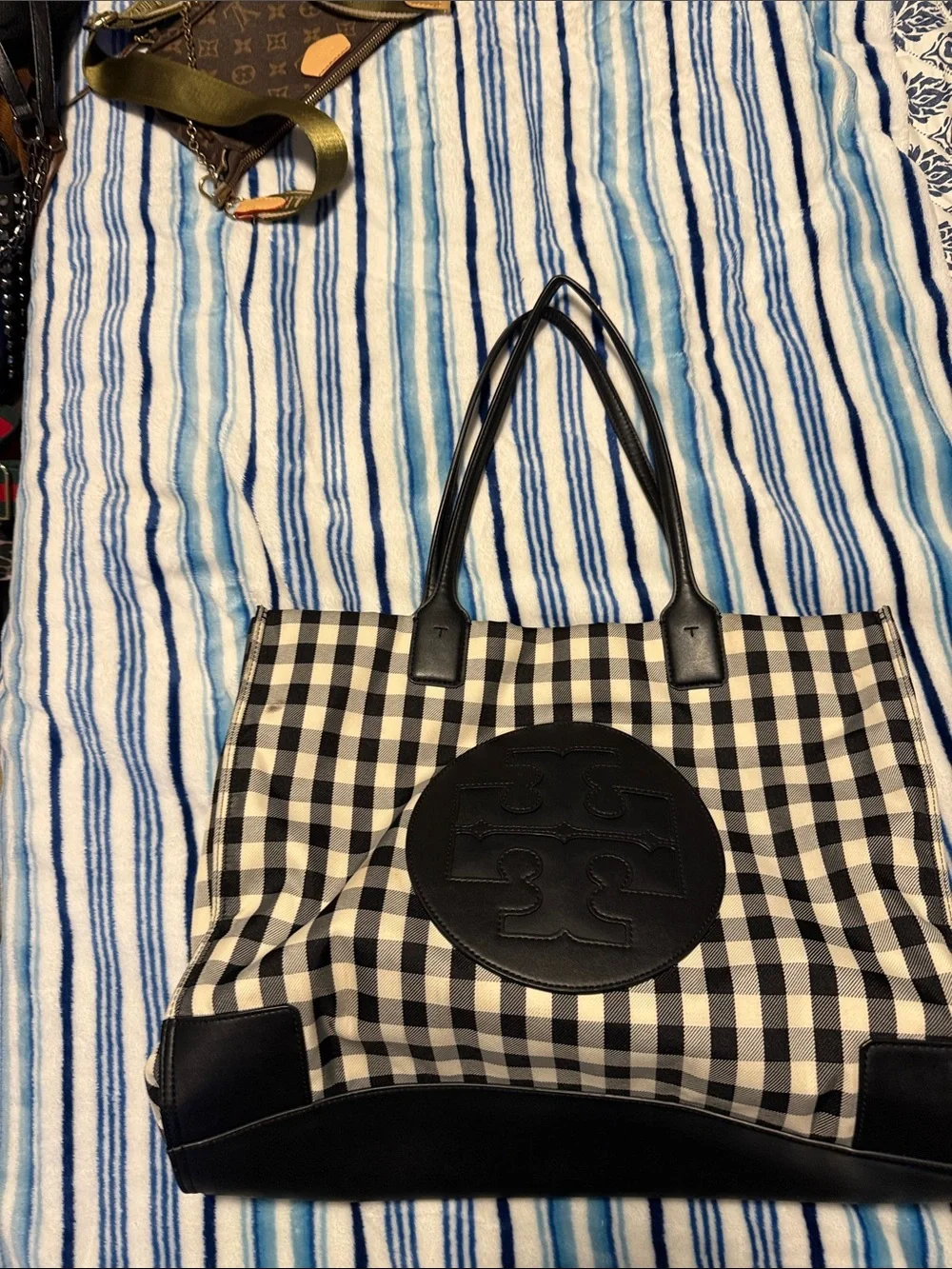 Tory Burch Black & White Gingham Leather-Trim Tote